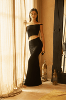 Model wearing size S top and skirt viscose spandex set